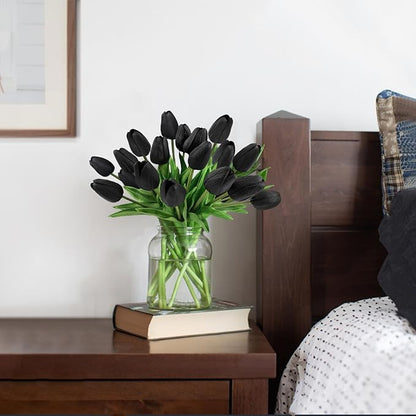 Beferr Black Tulips Artificial Flowers 18pcs Faux Tulip Real Touch Fake Flowers Bouquets for Halloween Easter Gifts Home Party Wedding Table Decorations