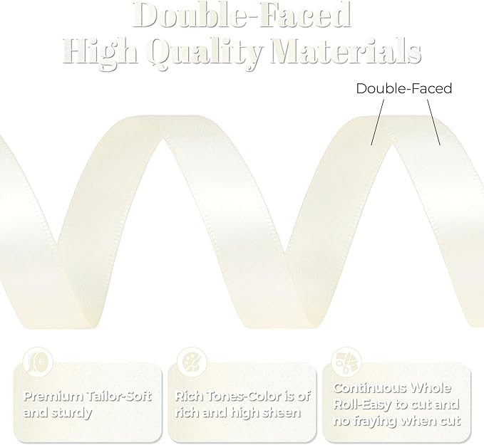 Ivory Satin Ribbon, Double Faced 1/2 Inch X 50 Yards Ivory Ribbon, Premium Satin Ribbon for Gift Wrapping, Crafts, Hair Bow Making, Sewing, Flower Bouquet, Wedding Party Decor