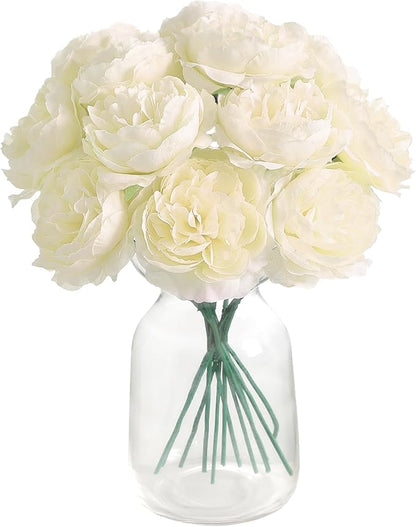 12 PCS Artificial Silk Ivory Peony Flowers with Stems - 8 Inch Fake Peony Bouquet for Wedding, Home Decor, Office Table, Festival Gifts