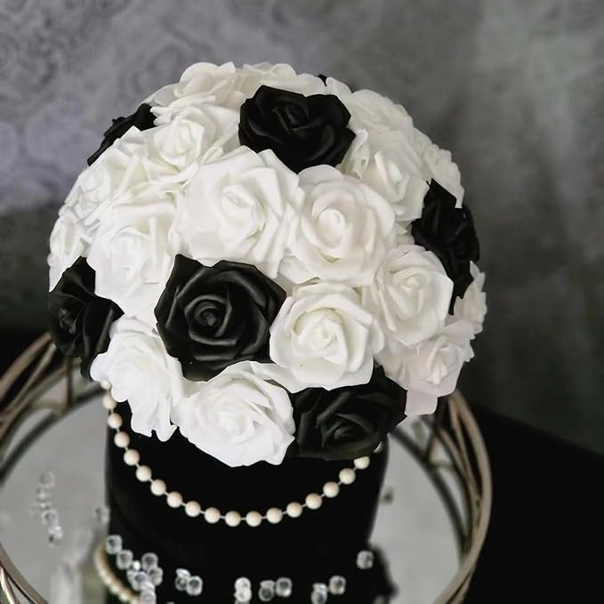 [25PCS] Isquene Black Roses Artificial Flowers with Long Stem Real Touch Fake Foam Roses for Decoration DIY Wedding Bouquets Centerpieces Bridal Shower Mothers Day Party Flower Arrangements Home Decor