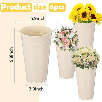 6 Pcs Galvanized Metal Vases with Handle Flower Metal Planter Galvanized Buckets Bulk Farmhouse French Flowers Bucket for Home Decor Wedding Table Centerpiece Decorations (Beige, 9.8 Inch)