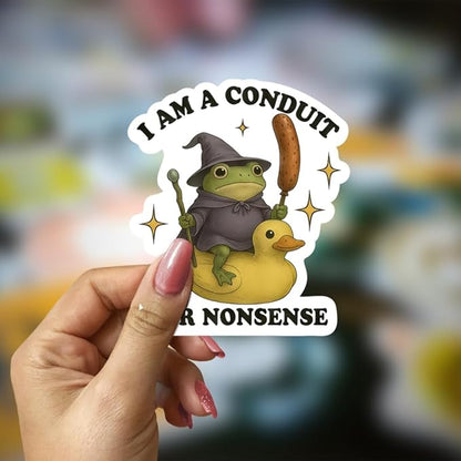 HANDICHI Design 5-Pack 5 Inch Funny Frog Stickers – “I Am a Conduit for Nonsense” Wizard Frog Vinyl Decals – Quirky Meme Sticker Pack for Laptops, Water Bottles, Journals and Scrapbooks