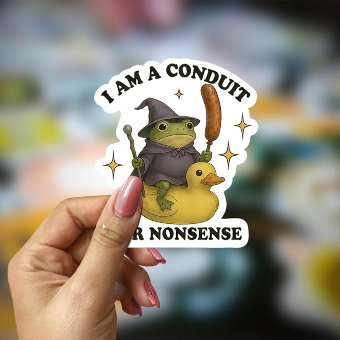 HANDICHI Design 5-Pack 2 Inch Funny Frog Stickers – “I Am a Conduit for Nonsense” Wizard Frog Vinyl Decals – Quirky Meme Sticker Pack for Laptops, Water Bottles, Journals and Scrapbooks