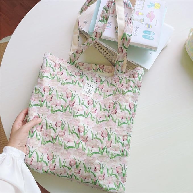 Cotton Canvas Tote Bag Reusable Soft Grocery Cloth Bag Floral Shoulder Bag for Beach Travel Shopping