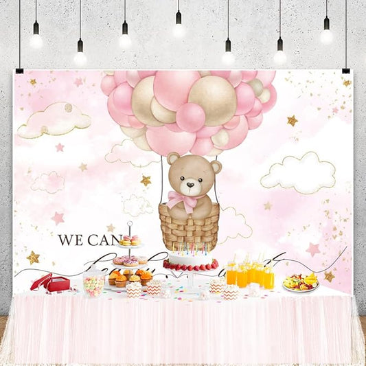 ChloropLastid We Can Bearly Wait Baby Backdrop Girl Bear Hot Air Balloon Baby Shower Photography Background Pink Balloons Clouds Stars Baby Party Cake Photo Decoration 7x5ft