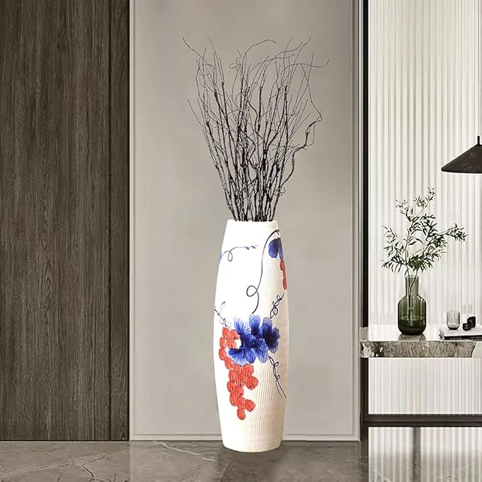 Tall White Floor Vase 32 inches, Thick Ceramic Rustic Vases Large for Home Decor Living Room, Painting Blue Grape Decorative Vases Wide Mouth Opening Corner Vase for Pampas Grass