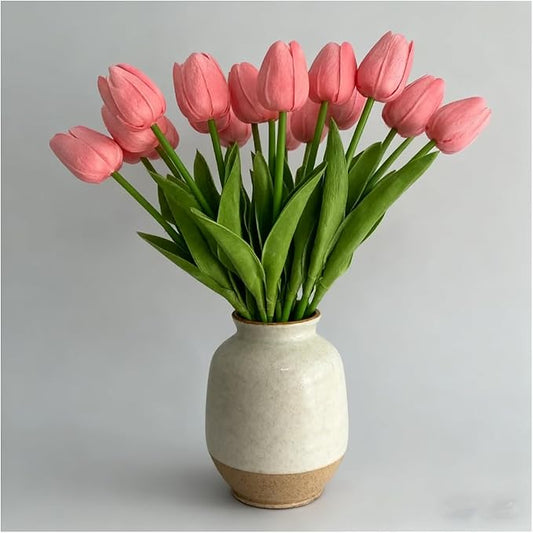 White Faux Tulips (20 Pcs) - Premium PU Artificial Flowers for Christmas & Thanksgiving Table Setting, Winter DIY Home Decor - 13.5" Real Touch