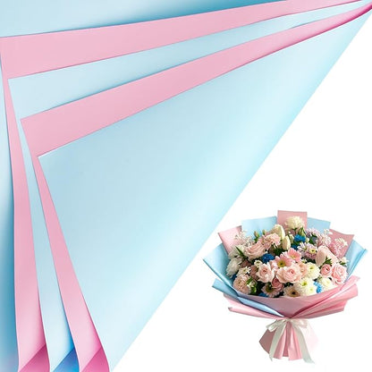 LeZakaa 20 Sheets Flower Wrapping Paper - Waterproof Reversible Floral Bouquet Paper - Sky Blue and Pink Design for Valentine's Day, Mother's Day, Parties, Birthdays, Weddings, Baby Shower
