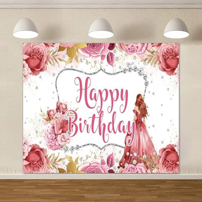 Princess Happy Birthday Backdrop 10x8ft Girls Watercolor Flower Floral Rose Diamond Decorations Photography Background Banner Photo Booth Studio