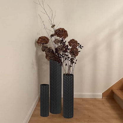Black Tall Floor Vase - Set of 3 Extra Large Metal Decorative Vases for Living Room, 27.6" Long Modern Honeycomb Texture Big Cylinder Standing Corner Decor for Home Dining Bedroom Pampas Grass