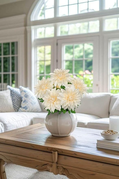 Hollyone White Artificial Dahlia Flowers Bush 7 Heads Silk Fake Dahlias Flowers with Stems Wedding Bouquets Faux Dahlia Flowers Floral Arrangements for Outdoor Indoor DIY Table Centerpieces Home Decor