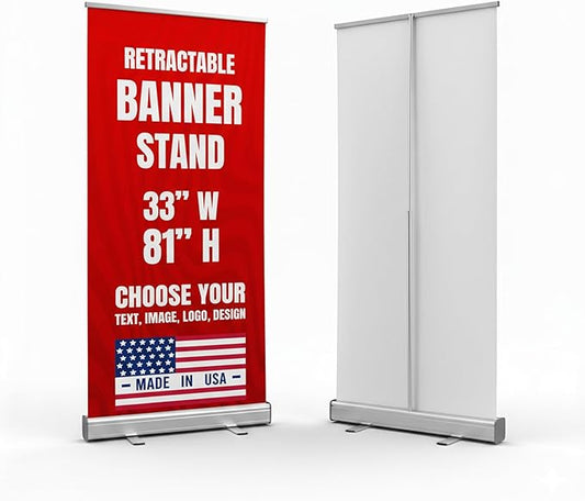 Custom Retractable Banner with Stand (33”x81”) by BCB Print | Personalized Roll-Up Banner for Advertising & Trade Shows | HD Printed Vertical Pull Up | Express Dispatch & Ship | Made in USA