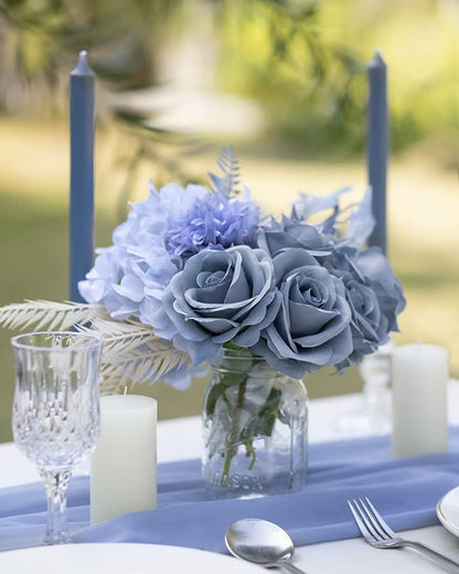 LFF 10pcs Silk Roses Artificial Flowers Fake Long Stem Roses for DIY Wedding Bouquet Home Decoration (Dusty Blue)