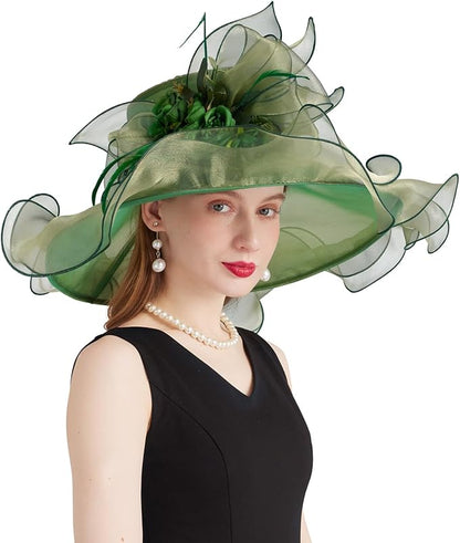 Organza Derby Hats for Women Wide Brim Fascinator Hat Rose Flower Wedding Tea Party Hat