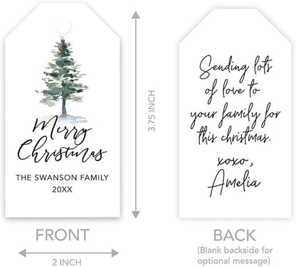 Andaz Press Personalized Christmas Holiday Season Classic Gift Tags, Merry Christmas Custom Family Name and Year, Watercolor Christmas Tree with Snow Design, Holiday Events, Parties, Favors, 60-Pack