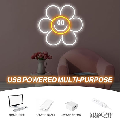 Daisy Smile Face Neon Sign, Sunflower LED Neon Light, Face Neon Signs for Wall Decor,Smile face Neon Signs for Bedroom Wall with Dimmable Switch for Children's Room,Bar, Party,Christmas,Wedding