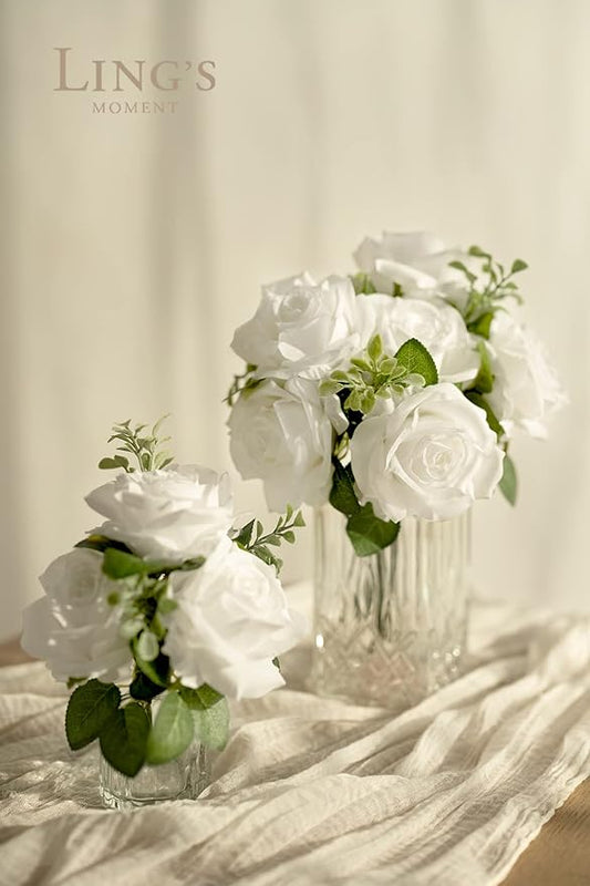 Ling's moment Artificial Silk Flowers, 16pcs Faux Pure White Roses with Stems, 3.5" Fake Ivory Flowers Bulk for DIY Wedding Bouquets Centerpieces Party Baby Shower Home Decoration