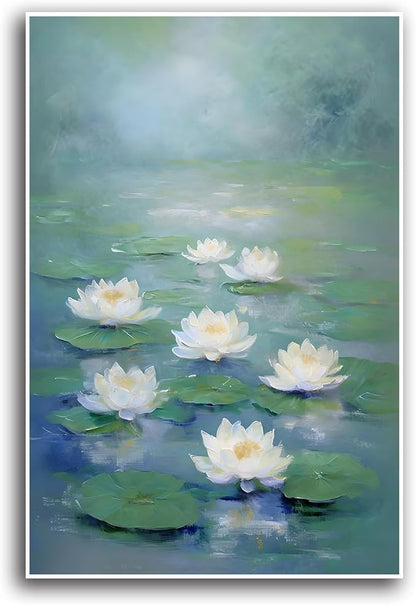 Zen wall art Delicate white lotus flower floating on calm water Vintage oil painting print Serene aquatic wall art creates a tranquil home decor 32x48in Frameless