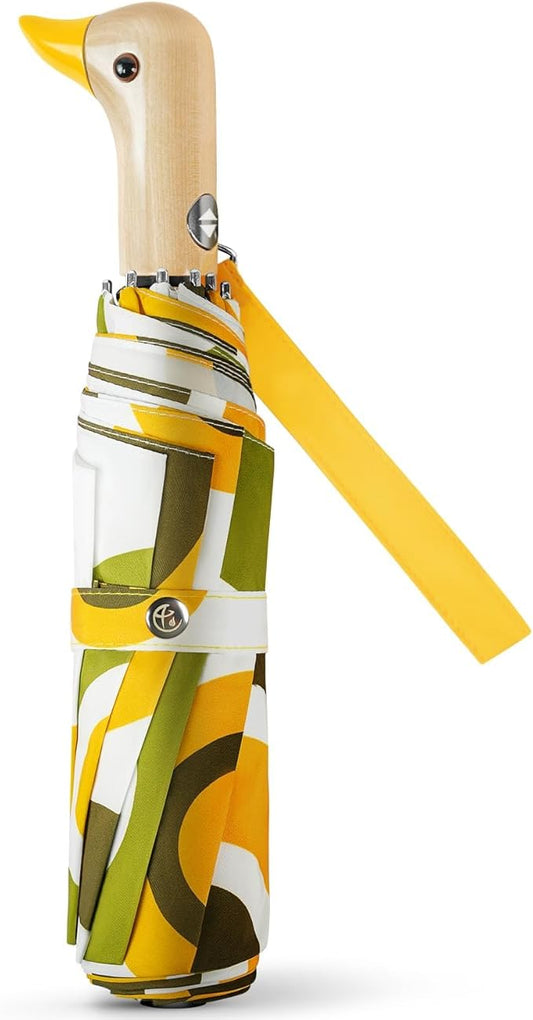 Cute Duck Umbrella Automatic - Compact Pretty Pocket Size Strong Duck Collapsible Umbrella Yellow Wooden Handle for Women