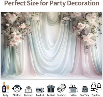 Leowefowa Floral Backdrop for Wedding Decor Pink Rose Flower White Curtain Wall Photography Background for Baby Shower Wedding Anniversary Ceremony Party Decorations Banner Studio Props 10x8ft Vinyl