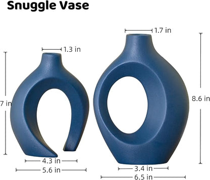 Snuggle Hollow Ceramic Vase Set of 2, 8.4 Inch Hug Donut Modern Nordic Boho Style Vases for Home Decor Anthropologie Aesthetic Living Room Shelf Coffee Table Decorative (Navy Blue)