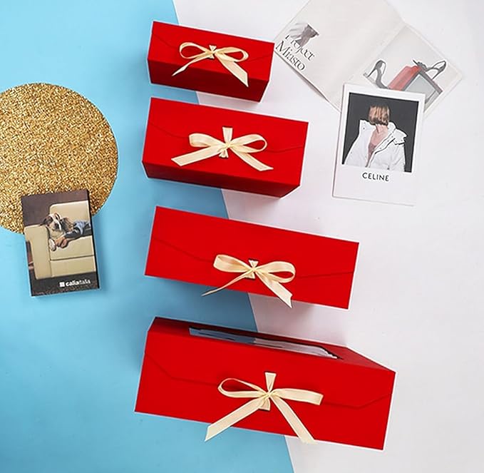 5 Pcs Red Gift Box for Presents with Ribbon 13.2x11x5.3 Inches Clear Gift Box with Window Magnetic Closure Gift Boxes with Lids