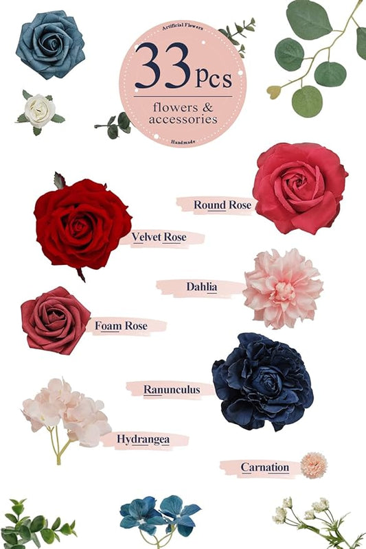 TINGE TIME Artificial Flowers Combo Mix Silk Flowers Pink Roses w/stem for DIY Wedding Bridal Bouquets Baby Shower Floral Arrangement Table Centerpieces Home Decorations (Red & Navy Blue & Pink)