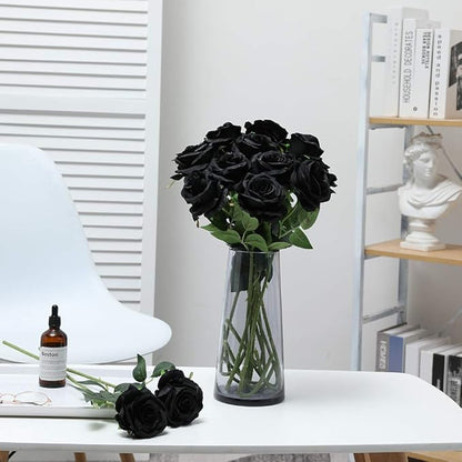 Nubry Artificial Silk Rose Flower Bouquet Lifelike Fake Rose for Wedding Home Party Decoration Event Gift 10pcs (Black)