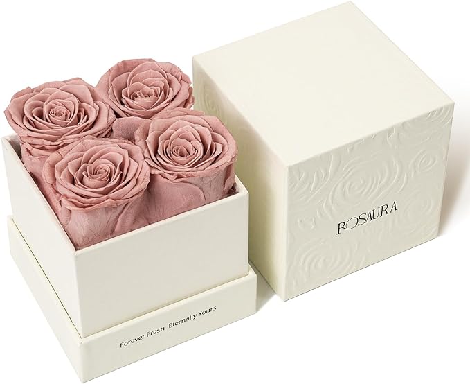 Rosaura 4-Piece Eternal Preserved Roses & Flowers Gift Box - Forever Lasting Real Roses, Preserved Flowers for Valentine's Day Cappuccino