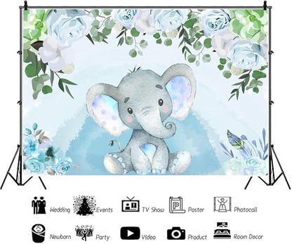 AOFOTO Sweet Flowers Baby Elephant Backdrop Light Blue 10x7ft Boy Gender Reveal Party Decoration Floral Baby Shower Photo Shoot Background for Photography Kid Child Birthday Photo Studio Props Vinyl