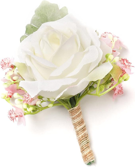 White Rose Boutonnieres for Men Wedding Baby's Breath Boutonniere for Best Men Groom Groomsmen Wedding Prom Set of 6 (6 White+Pink Boutonnieres)