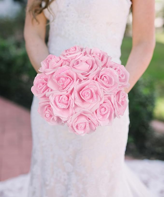 100pcs Light Pink Glitter Roses 2.56" Foam Glitter Flowers Fake Roses Pale Pink Flowers Artificial Roses for Bridal Shower Centerpieces DIY Wedding Flower Arrangements (Light Pink)