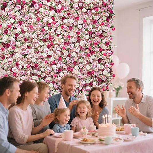 8x8ft(2 pcs of 4ftx8ft) Artificial Silk Fabric Flower Wall Cloth-Based Background 5D Pink Rose Fabric Rolling Up Floral Backdrop for Wedding Baby Shower Party and Home Decor