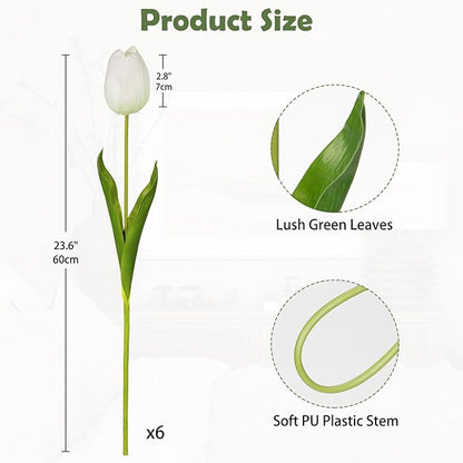 6PCS 23" Fake Tulip Flowers Artificial White Tulips Long Stem Faux Flower, Silk Flower Décor for Floral Arrangement Home Farmhouse Wedding Decoration