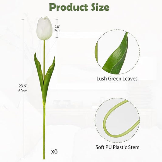 6PCS 23" Fake Tulip Flowers Artificial White Tulips Long Stem Faux Flower, Silk Flower Décor for Floral Arrangement Home Farmhouse Wedding Decoration