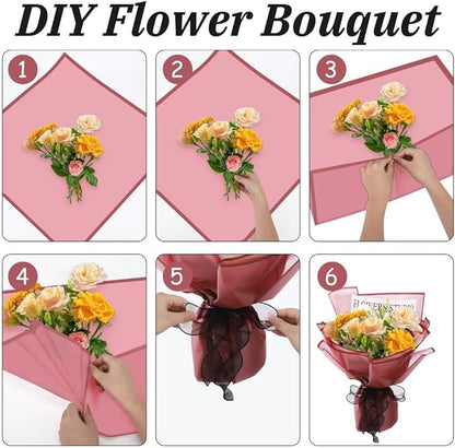 Rumvan Flower Wrapping Paper, 20 Sheets, Waterproof, Floral Bouquet Design, for Wedding, Birthday Gift, DIY Florist Supplies (Red Wine Colour)