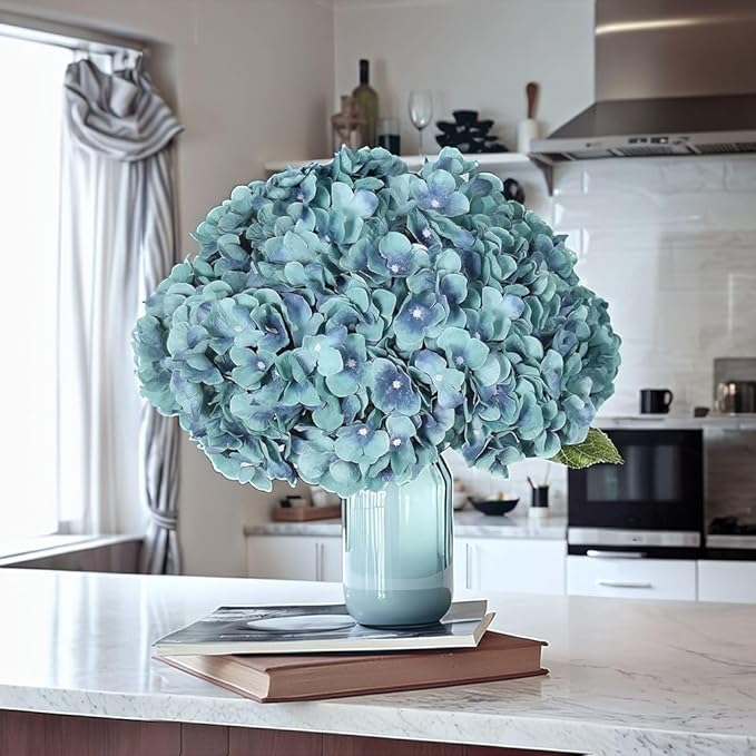 2Bouquets Artificial Fake Flowers Plants Silk Hydrangea Arrangements Wedding Bouquets Decorations Plastic Floral Home Kitchen Garden Party Festival Bar DIY (Acid Blue,5Flower Heads)