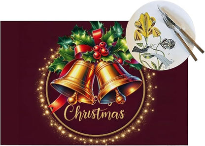 PVC Placemats Set of 4 Wipeable Table Mats Washable Heat Resistant Non Slip Vinyl Dining Table Mat for Kitchen Indoor Outdoor Patio Farmhouse Place Mats Christmas Bell Red Decorative