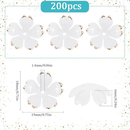 SUNNYCLUE 1 Box 200pcs White Flower Beads Acrylic Bead Caps Plastic Floral Sakuras 5-Petal Gold Plated Loose Spacer Bead for Jewelry Making Women Adult Bracelets DIY Wedding Crafts Accessories