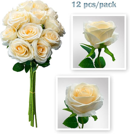 12 PCS Rose Artificial Silk Flowers, Fake Roses with Long Stems Realistic Faux Rose Flower Bouquets for Home Wedding Decoration Party-Champagne