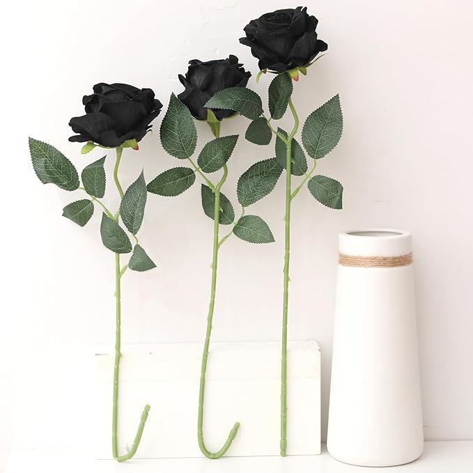 Cloudecor 15Pcs Black Roses Artificial Flowers Fake Roses Long Stem Velet Rose Silk Flowers for Home Wedding Decoration (Round Rose,Black)