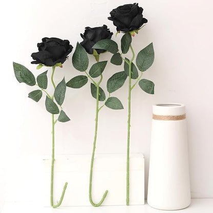 Cloudecor 15Pcs Black Roses Artificial Flowers Fake Roses Long Stem Velet Rose Silk Flowers for Home Wedding Decoration (Round Rose,Black)