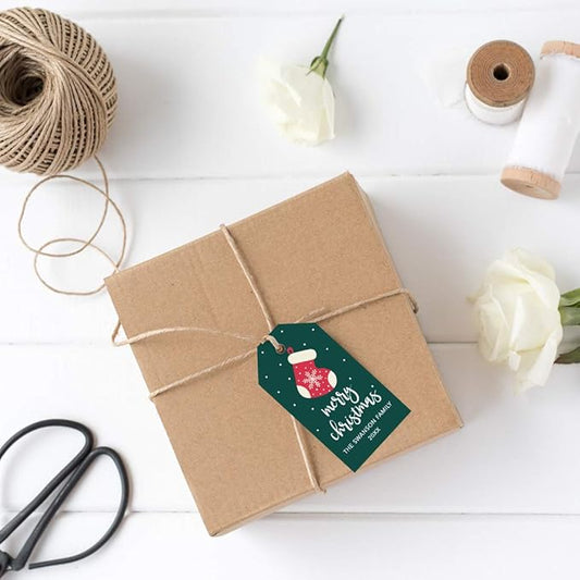 Andaz Press Personalized Christmas Holiday Season Classic Gift Tags, Merry Christmas Snowflake Stocking Design, Custom Family Name and Year, for Holiday Events, Parties, and Favors, 60-Pack