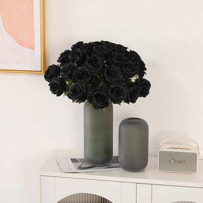 50PCS Artificial Silk Roses in Bulk & Bouquet Long Stem – Realistic Fake Roses for Wedding Centerpieces, Home Decor, Floral Arrangements, Party Decoration (Black)