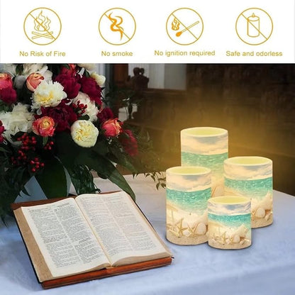 Beach Starfish Seashell Flameless Light Candles Battery Powered with Timer Remote Color Chaging Pillar Candle with Warm Yellow Color Changing Light Pack of 4