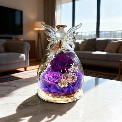 Purple Rose Christmas Gifts for Women, Forever Flower in Glass Fresh Flowers for Delivery, Preserved Rose Angel Figurine Decor for Mom, Grandma, Mother’s Day, Valentine’s Day, Birthday, Xmas Gift