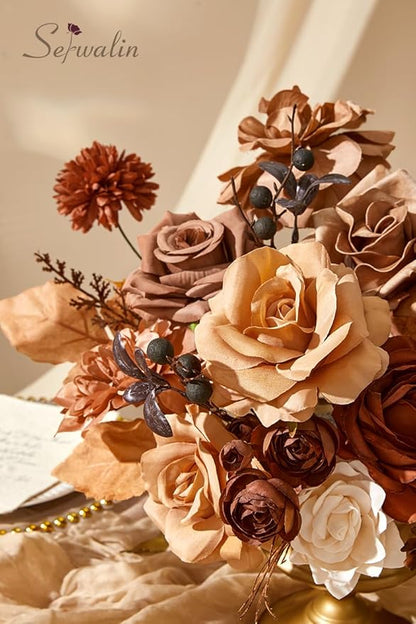 Serwalin Artificial Fall Flowers, Brown & Terracotta Silk Flowers with Stems, Fake Roses Flowers for Wedding Bouquets Bridal Baby Shower Party Craft Home Cake Decoration