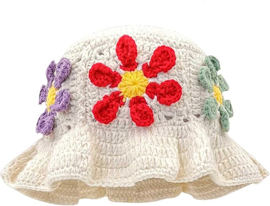 Crochet Bucket Hat for Women Flower Knit Hat Hollow Out Foldable Cap Hats