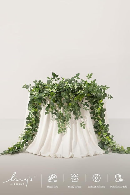 Ling's Moment 9FT Flower Garland for Backdrop Decorations - Wedding Arch Flowers, Eucalyptus & Rose, Artificial Floral Garland for Mantle - Sweetheart Table Decor for Beach Reception, Green