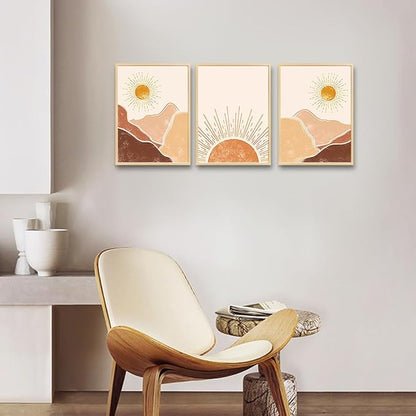 Natural Wood Framed Boho Wall Decor Living Room Canvas Wall Art For Bedroom Minimalist Abstract Mountain Sunshine Wall Painting Wall Decorations For Girl Room Office Wall Decor Pictures Home Decor